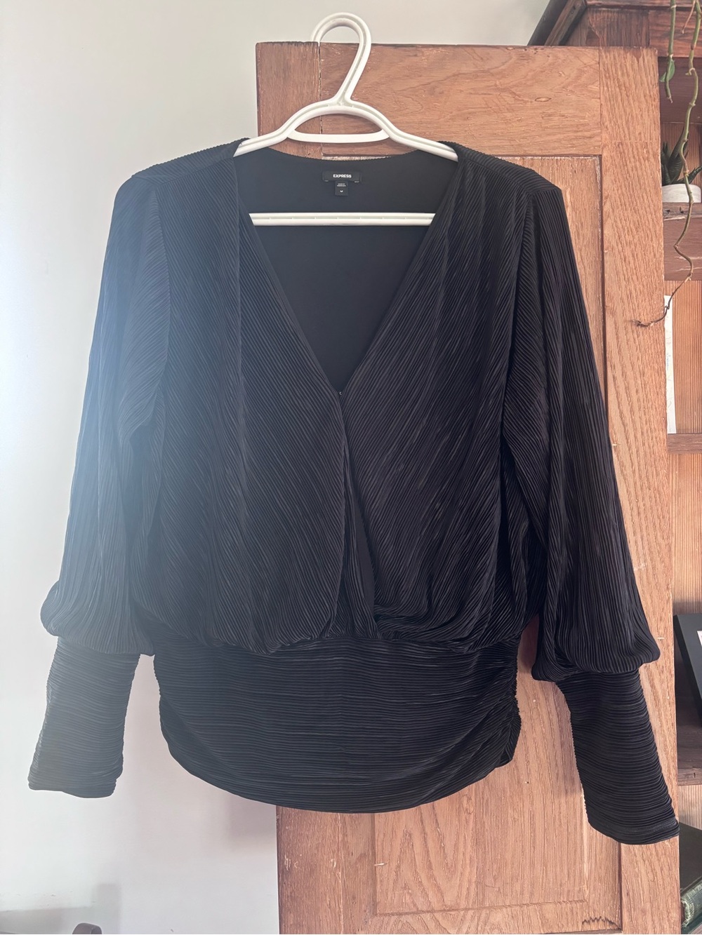 Express Black Pleated V-Neck Blouson Long-Sleeve Top